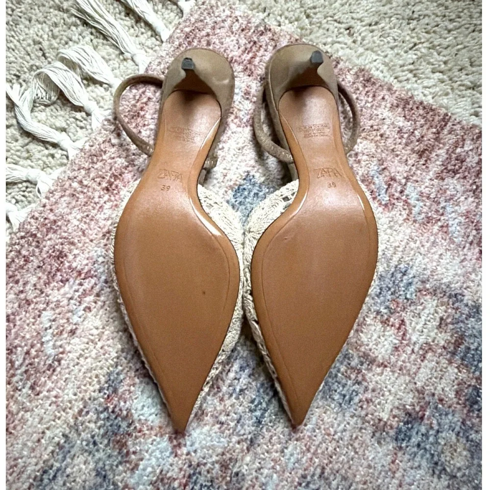Zara Crochet Slingback Heels Womens 39 Cream Mesh Pointed Toe Boho Kitten Heel
